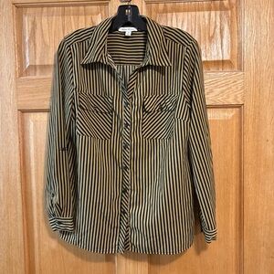 Studio Work Button Down Black & Tan Striped Blouse Long Sleeve Women’s Size M